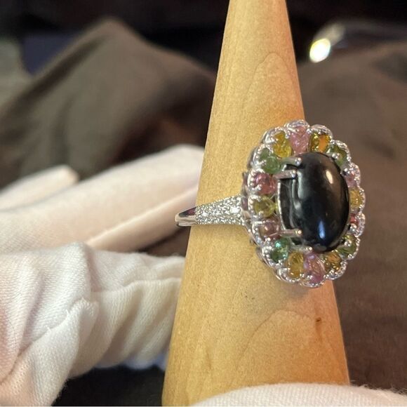 Black & Multi Color Tourmaline Natural Zircon Halo Platinum Sterling Silver Ring - Picture 13 of 13